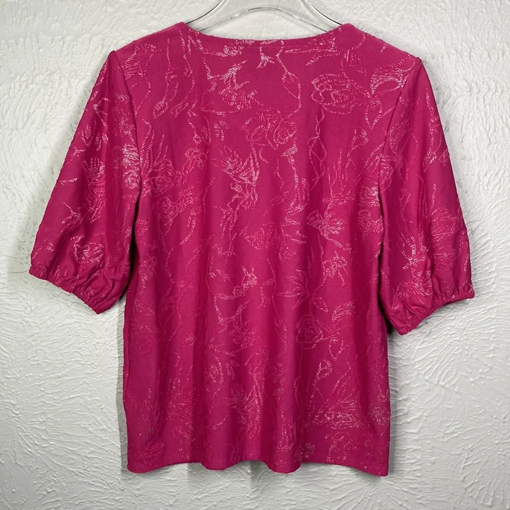 JM Collection Pink Textured Glitter Floral Elbow Sleeve Scoop Neck Top P… - Picture 9 of 9